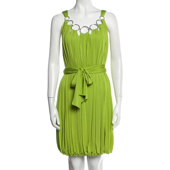 Escada Pleated & Chain -Link Accents Square Neckline Sleeveless Designer Dress - Picture 1 of 6